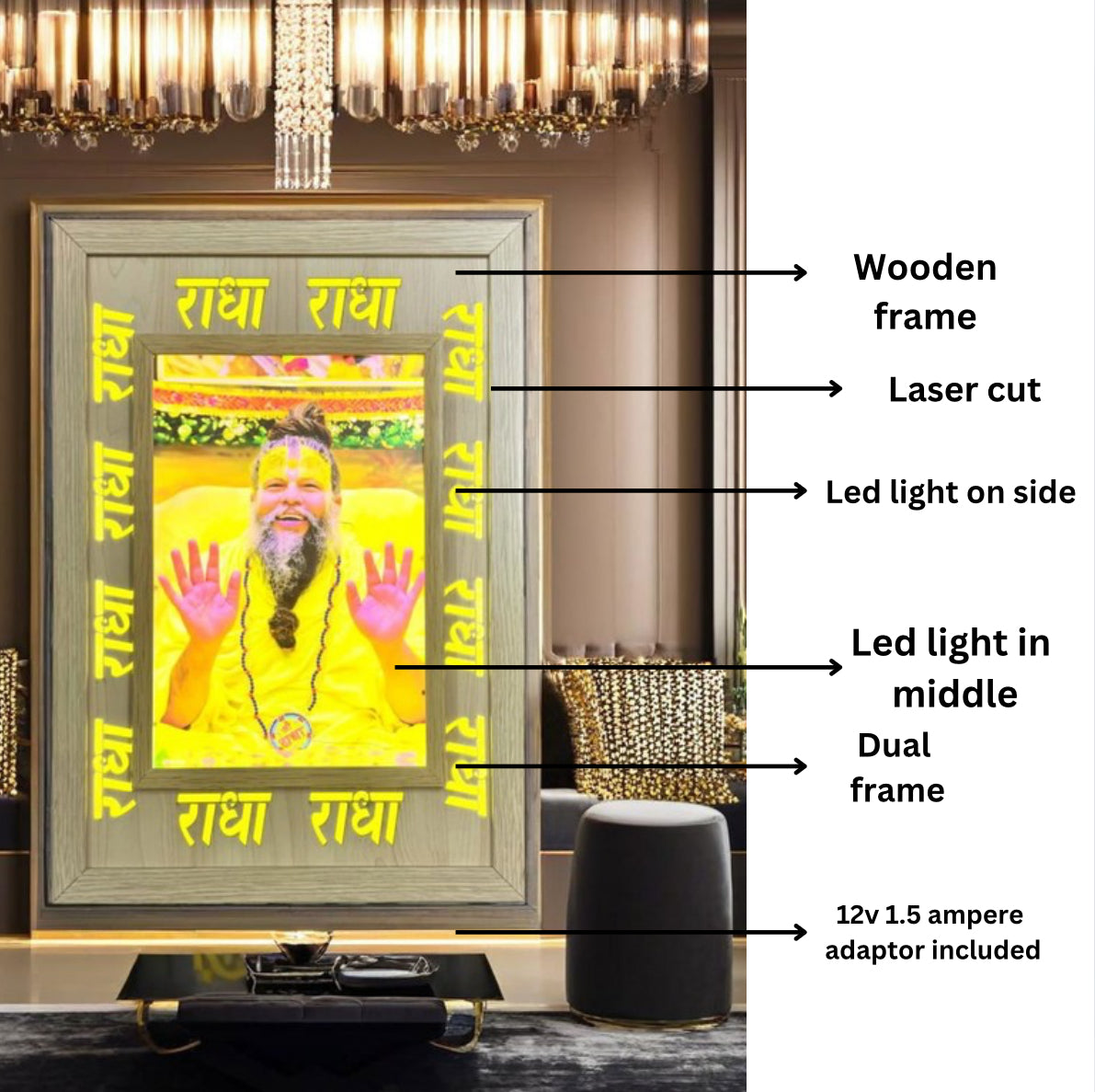 Premanand ji Maharaj radha border full LED light laser cut wooden photo frame with adaptor